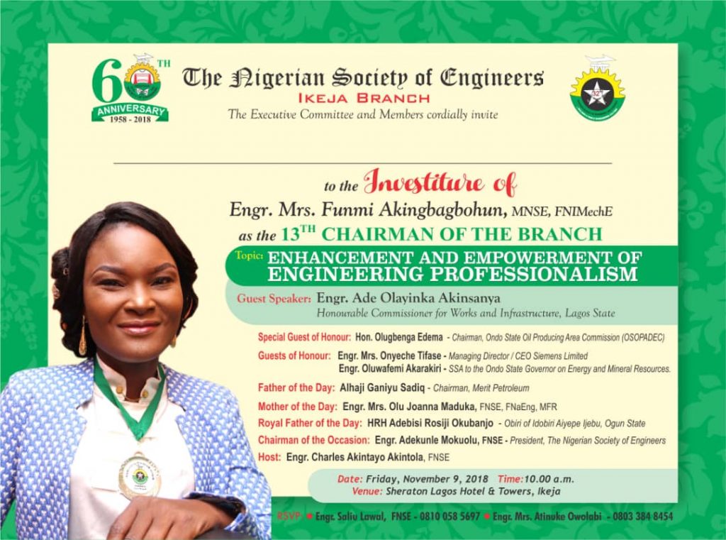 Engineers  Gear up for Investiture of Engr Funmi Akingbagbohun as 13th Chair NSE Ikeja