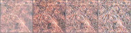Satellite image (left) of ‘poor’ village, then moves from left to right adding signs of wealth, like roads, progressing towards what the AI ‘sees’ as wealth. Authors/Google, CC BY